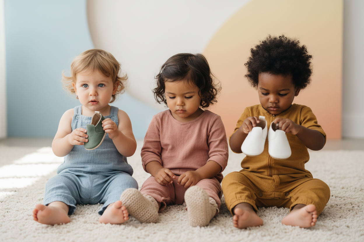 Trois bébés de différentes origines avec chaussures
